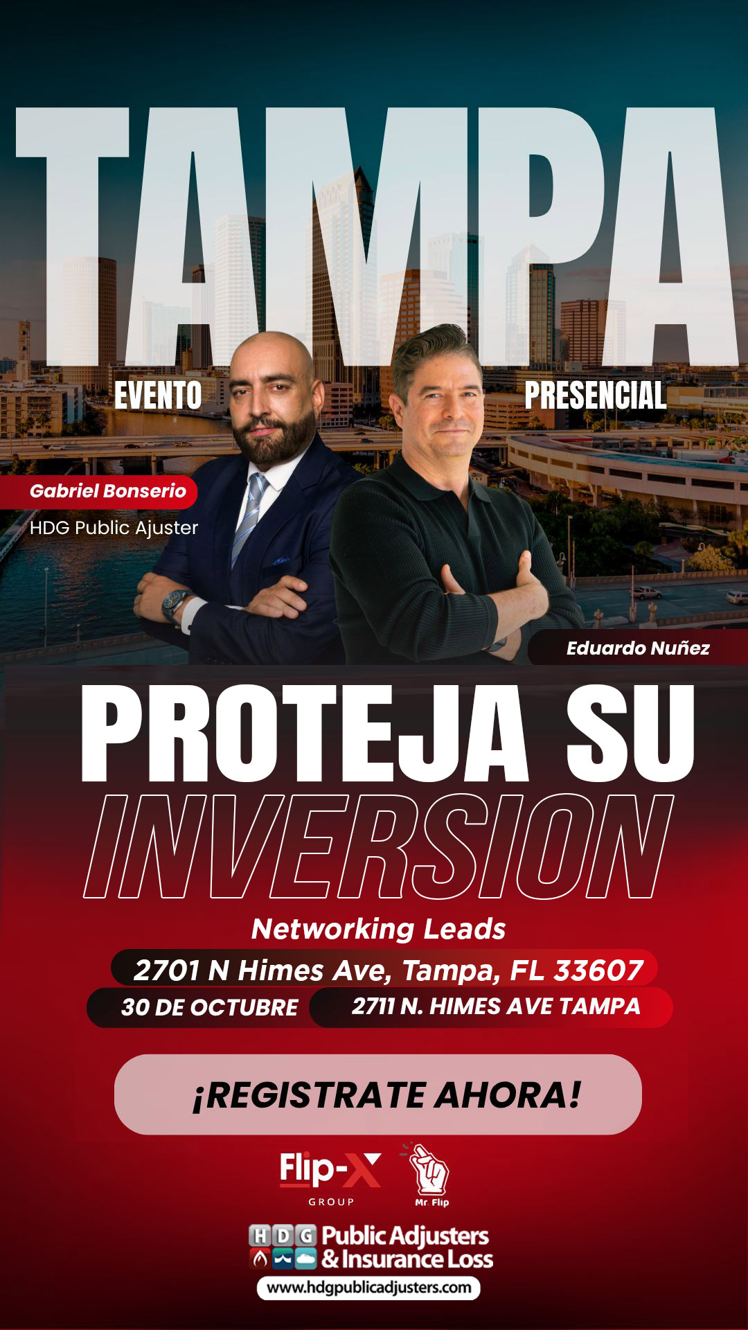 Proteja su inversión event flyer with Gabriel Bonserio and Eduardo Núñez, October 30, 2025